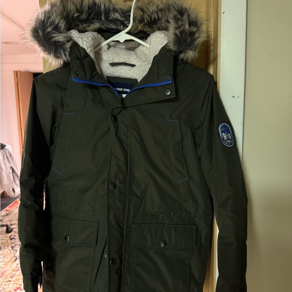 Lands' End Kids Dark Green Puffer Jacket with Faux Fur Hood